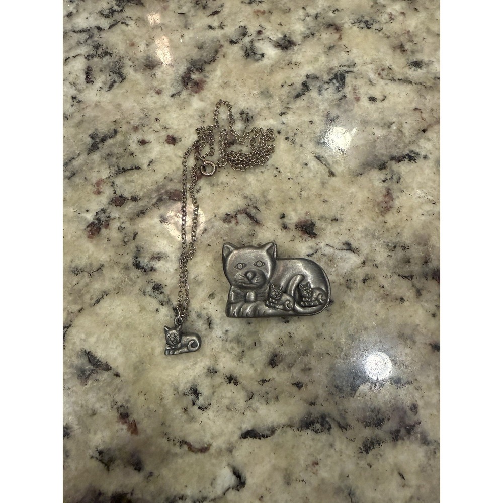 Vintage Torino Pewter Cat Trinket Box With Pin,  Necklace & Earrings